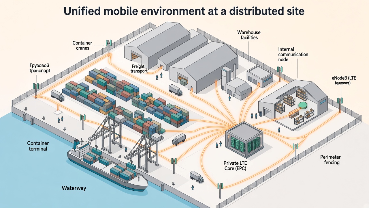 Port and warehouse site with Private LTE core and radio coverage